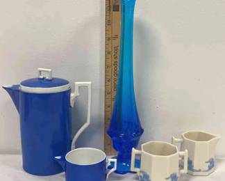 Blue Fenton Bud Vase And Czechoslovakia Art Deco Royal Blue Teapot With Creamer Cup 