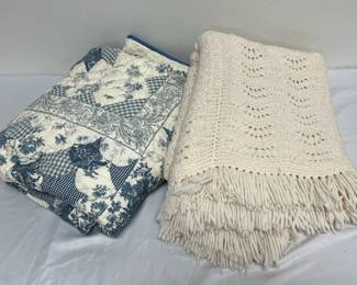 Blue White Victorian Heart Quilt  Knitted White Blanket