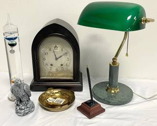 Green Bankers Lamp, Clock, Glass Barometer  More