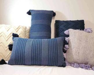 Kirkland Throw Blanket, Two Small Kitchen Rugs,Two Cream Couch Pillows, Three Blue Couch Pillows And One Purple Couch Pillow 