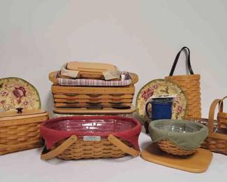 Longaberger Baskets, Plates And Travel Mug
