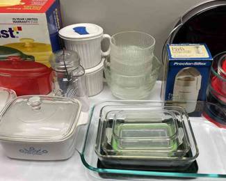 Pyrex And Corning Ware, Porcelain Enamel Cast Iron 5QT Round Oven, Proctor Silex Coffee Grinder, And More 