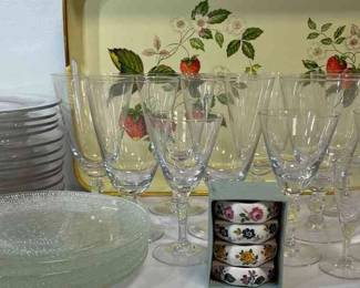 Sanford Bone China Napkin Rings, Fostoria Barware, Vintage Serving Tray And Glass Appetizer Plates