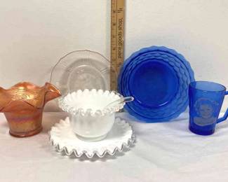 Shirley Temple Bowl And Cup, Milk Class Mayonnaise Dish, Carnival Glass Bowl, And Pink Depression Glass Plate 