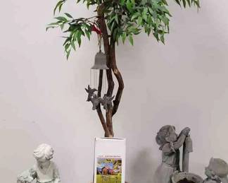 Six Foot Ficus Tree, Trio Of Resin Statues, Windchime, Butterfly Concrete Step...