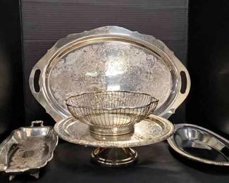 Towle Claw Foot Serving Tray, WM Rodgers Serving Tray And Silverplated Cake Stand, Fruit Container And Rectangular Claw Foot Silverplated Tray