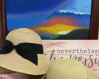 Three Womens Straw Beach Hats, Framed Sunrise Painting, And She Persisted Decor Board