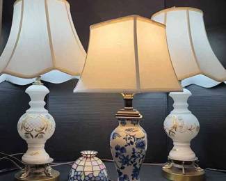 Two Bavarian Triplex Table Lamps Made In Western Germany, Ceramic Floral Table Lamp And Stained Glass Top For A Lamp 