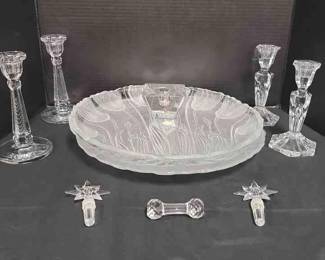 Waterford Snowflake Bottle Stoppers, Block Crystal Serving Trays, Two Pairs Of Crystal Candleholders And More 