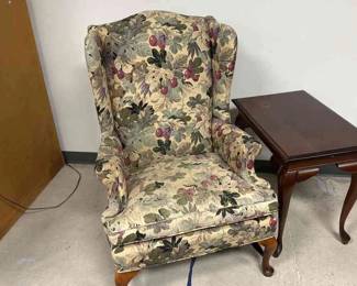 Vintage Queen Anne Style Upholstered Arm Chair And Queen Anne Side Table
