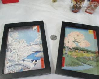 Note these miniature colorful Japanese woodblock prints, nicely framed