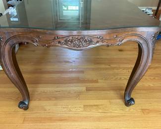 French dining table with one leaf in. Glass top fits with leaf in