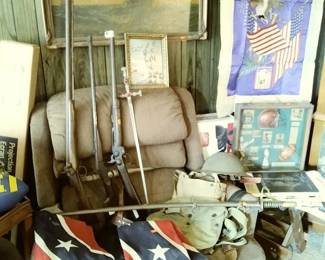 Civil war Smith Carbine rifle....Vintage 22 rifle.....Vintage shotgun rifle ( wood rod ) ...... Civil war flags ( 2 ) .....WW1 army complete uniform....Vintage swords. 