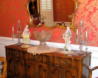 Side Board with Large Cut Glass Punch Bowl, Meissen Figurines and Pair of Crystal Lamps White Furniture Co sideboard