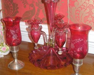 Cranberry and Sterling Silver Candelabra with Victorian Epergne