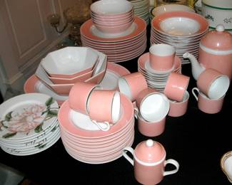 Vintage Fitz Floyd Dinner set in pink and white Rondelet Pattern from the 1970's