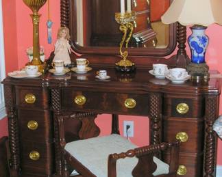 Cavalier Mahogany Dresser with Mirror and Bench Antique