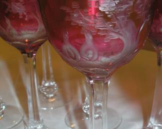 Moser Glass acid etched Pheasant Wine Glasses