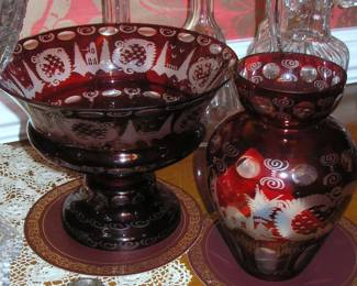 Bohemian Cut to Clear Compote and Vase Egermann