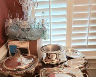 Waterford Chandelier is a in the box, Silverplate serving pieces.