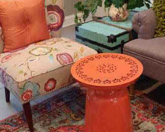 Side chair and pillow never used.  Metal orange side table