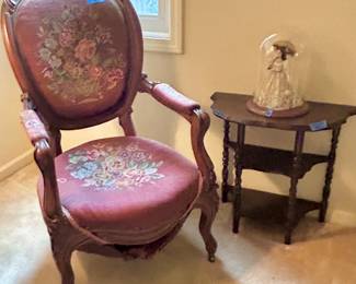 Demi table - pending
Antique needlepoint, back seat and arm carved wood, on wheels Chair 26X 22X 15” floor - seat $125. see me added Cushion and stapling of under seat fabric