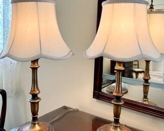 2 Vintage 19.5 inch H gold base, lined shade lamps, 35 each.