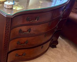 Antique Cherrywood carved 4 drawer dresser with glass top 43.5 x 22.5 x 36”h $395