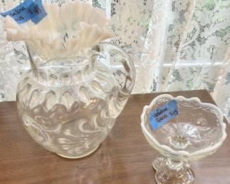 Vintage white Vaseline glass, trim, water pitcher $48
Stemmed candy dish $15
