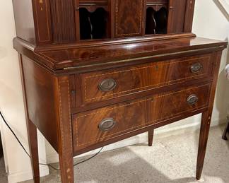 Antique Burled wood cabinet with fold out work surface 35X 18.5 X 47” $395