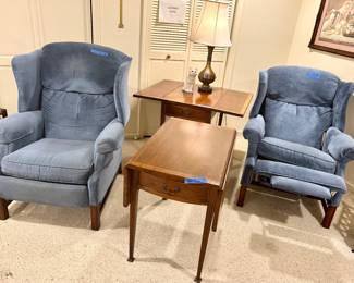 Barcalounger recliner chairs 33 X 43 X 19 inch to seat, 56 inch deep reclined $65 each
Dropleaf cherrywod End Tables w/ Drawer 2 available 38open 20” closed X 30 X 27 h $75ea