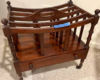 Antique cherrywood magazine rack with casters & drawer 19 X 13 X 19 with wheels $39 one wheel loose