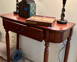 Cherrywood Demi lune table 35X 15 X 31 $75
2 wood Barley twist table lamps $15ea
Classic Books Book Ends set $25 sold