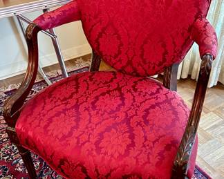 Beautiful cherrywood trim carved wood arm chair with burgundy red upholstery
25 x 19d x 36”h; 17” floor to seat $145