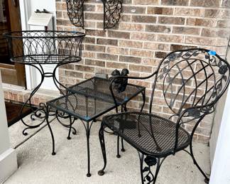 Vintage Wrought iron chair $50
2 vintage wrought iron stack tables $50 (small $20) pending
Vintage Wrought Iron Pedestal Flower basket $75