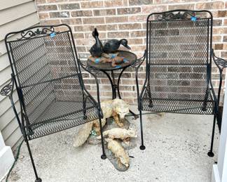 Vintage Round wrought iron table $39 pending
Vintage wrought iron arm chairs $50 each
3 piece wolf figurine set $25
Antique iron ducky’s $45ea; 2 fof $75
Antique iron frog $39