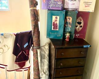 Hallmark special edition Barbies, $10-15 each
6 drawer wood cabinet 18x 13 x 35” $25
Rem-nit fabric 
Tree skirts