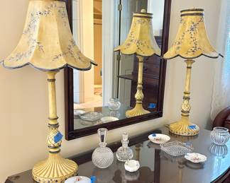 2 light yellow with blue accents 26.5” high table lamps $39 each.