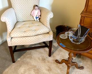 Vintage 15” round X 20 H pedestal accent table with leather center $24 pending 
Vintage upholstered armchair with wood legs 24X 24X 17 inch H $75
Antique doll $30