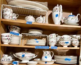 Wedgwood Hathaway Rose China set
-complete set only! $700
Broken down as follows: 
12-6pc Place setting; includes Dinner, salad, desert plate, soup bowl, cup/saucer-$300
12"Platter-$60, Large Tea pot-$75, Coffee server-$45, Milk server-$15, Cream and sugar service-$50,Oval serving bowl-$25, Footed covered vegetable bowl-$45, 2- Large cup/saucer tea set-$20, 6 napkin rings-$30, misc. small finger bowls@$4ea, and oblong dishes@$5ea. 
Total-$700