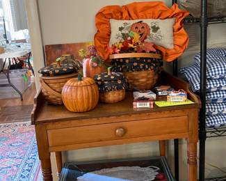 Lots of Longaberger baskets Small Antique Table, Silver Trays