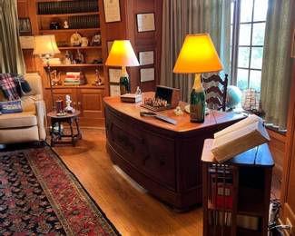 German desk, pair wine bottle lamps