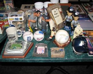 Vintage 3 piece figurine set in the middle, bobble heads, Detroit Tigers Bank, Salt and Pepper and other items