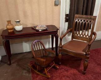 end table, childs chair and a arm chair