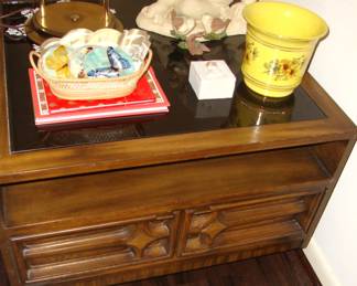 MID-CENTURY SMOKEY GLASS TOP SIDE TABLE