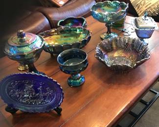 Beautiful Iridescant blue Carnival glassware.