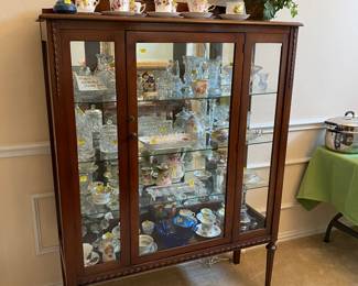 Adorable vintage display case with antique tea cups etc. 