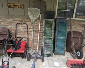 Vintage wood shutters - great craft item, wheel barrows (2), lawn aerator.