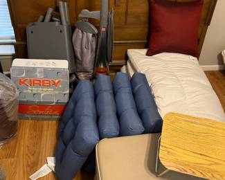 Kirby vacuum and tons of attachments. Also chair cushions, mid century bed frame ( double bed), down comforter, ottoman and more. 