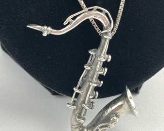 925 Silver Saxophone Pendant Necklace